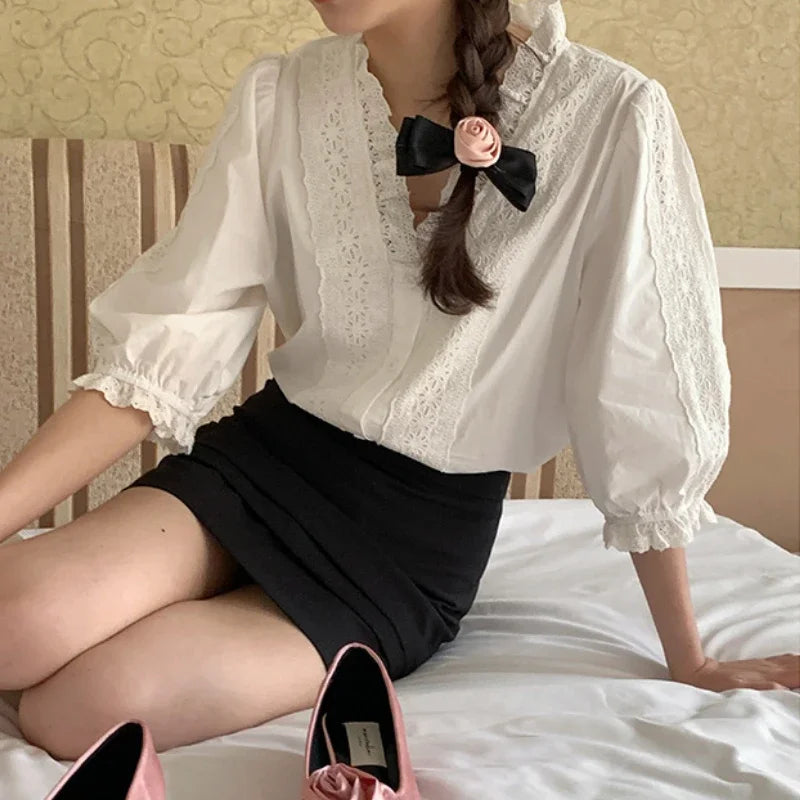 Lantern Sleeve Ruffles V-Neck Cotton Boho Office Blouse