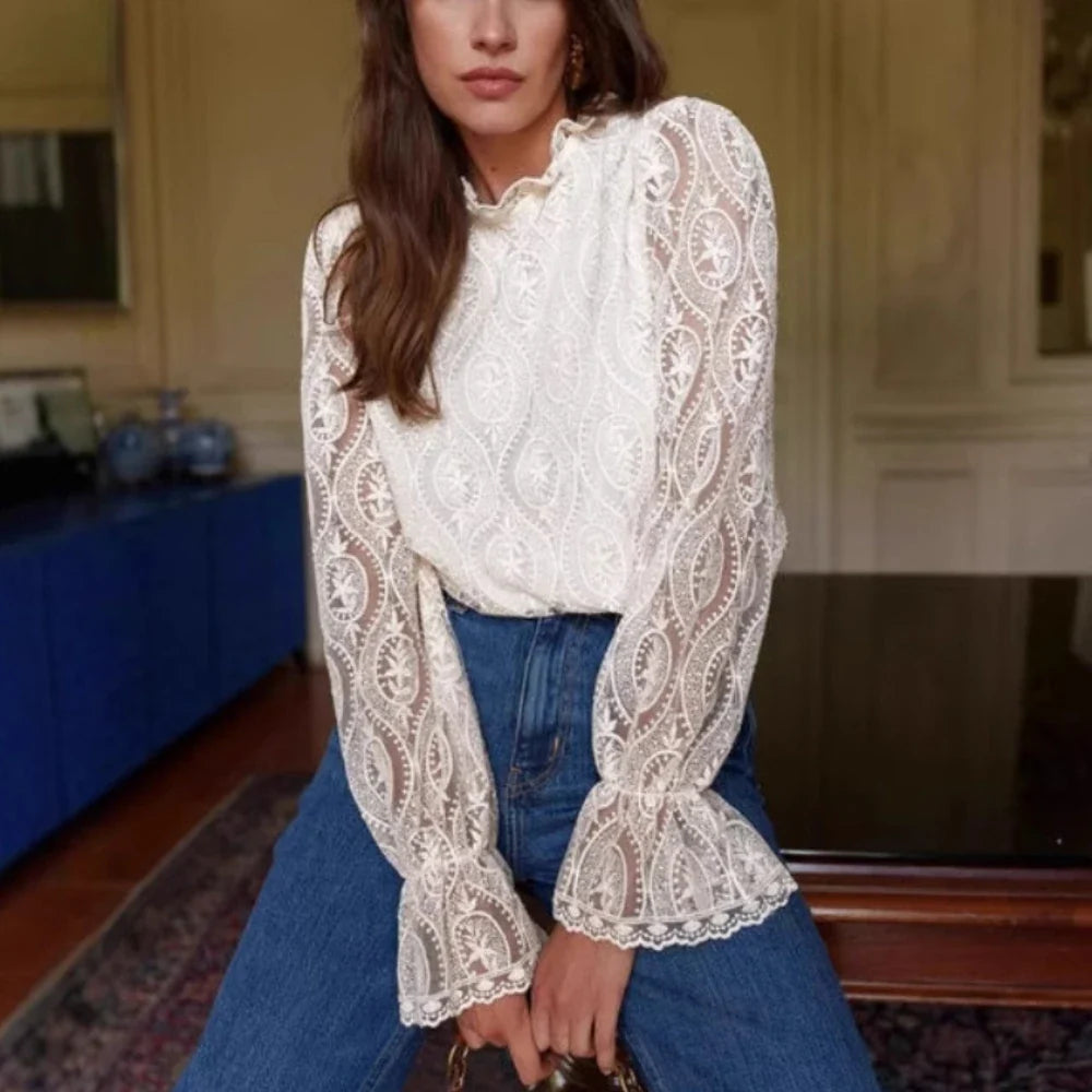 Lantern Sleeve Stand Neck Floral Boho Blouse