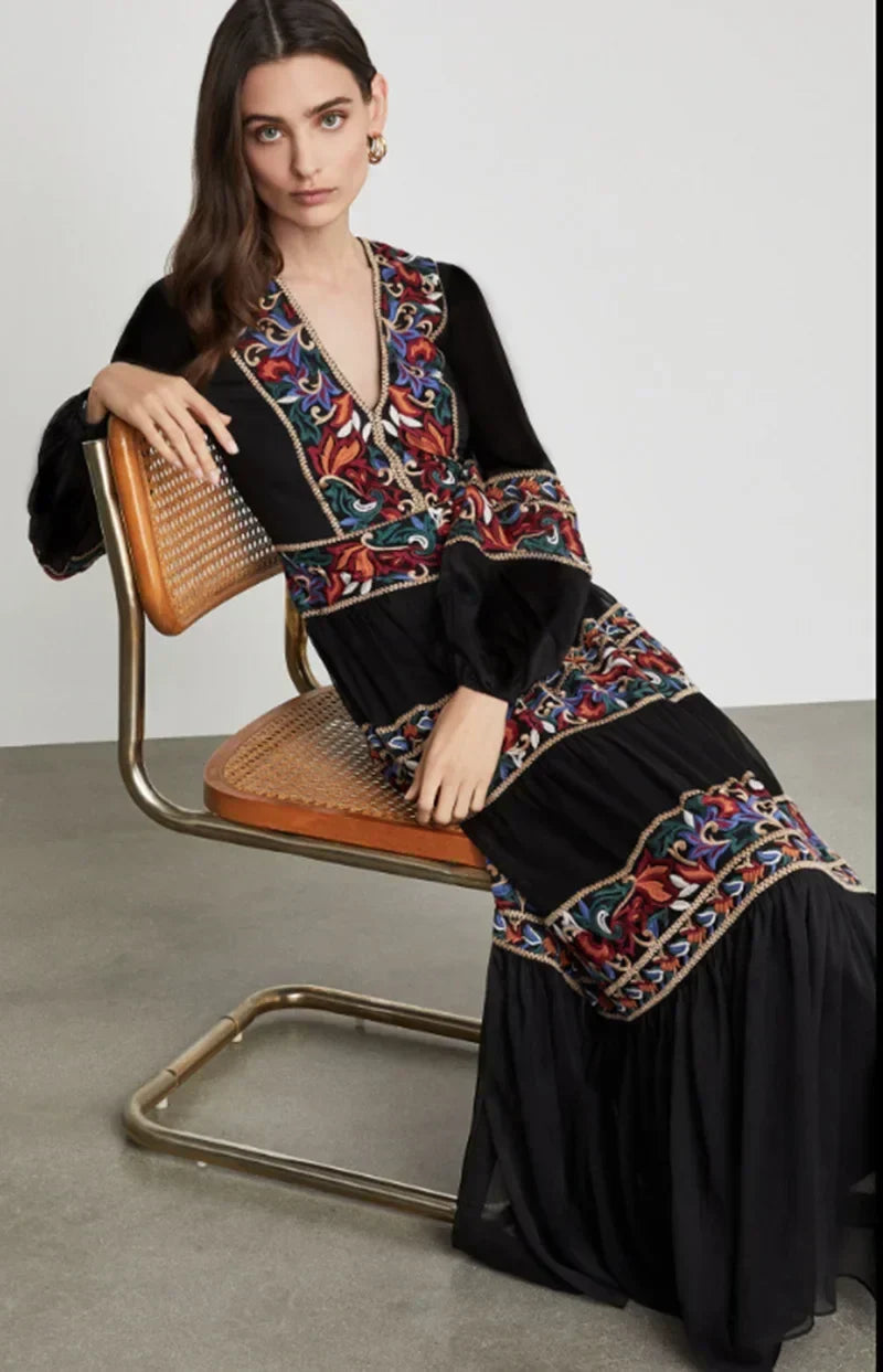 Embroidered Panel V-Neck Long Sleeve Tiered Maxi Dress 2