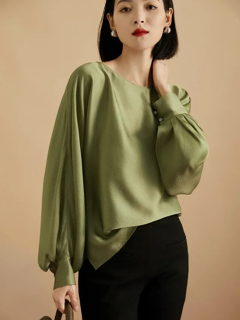 Lantern Sleeve Satin Casual Blouse Fashion Blouse