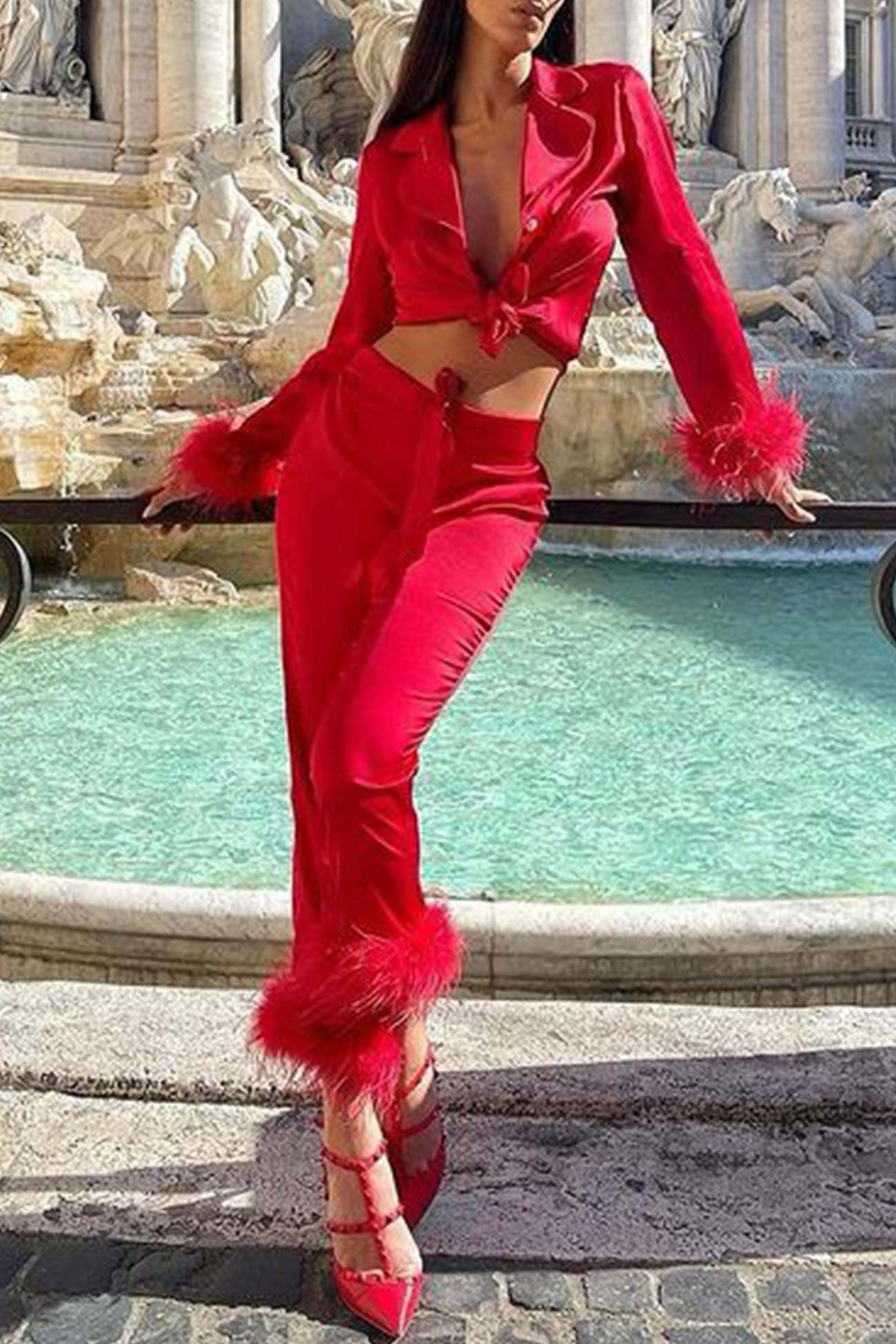 Lapel Feather Hem Two-piece Pants Set