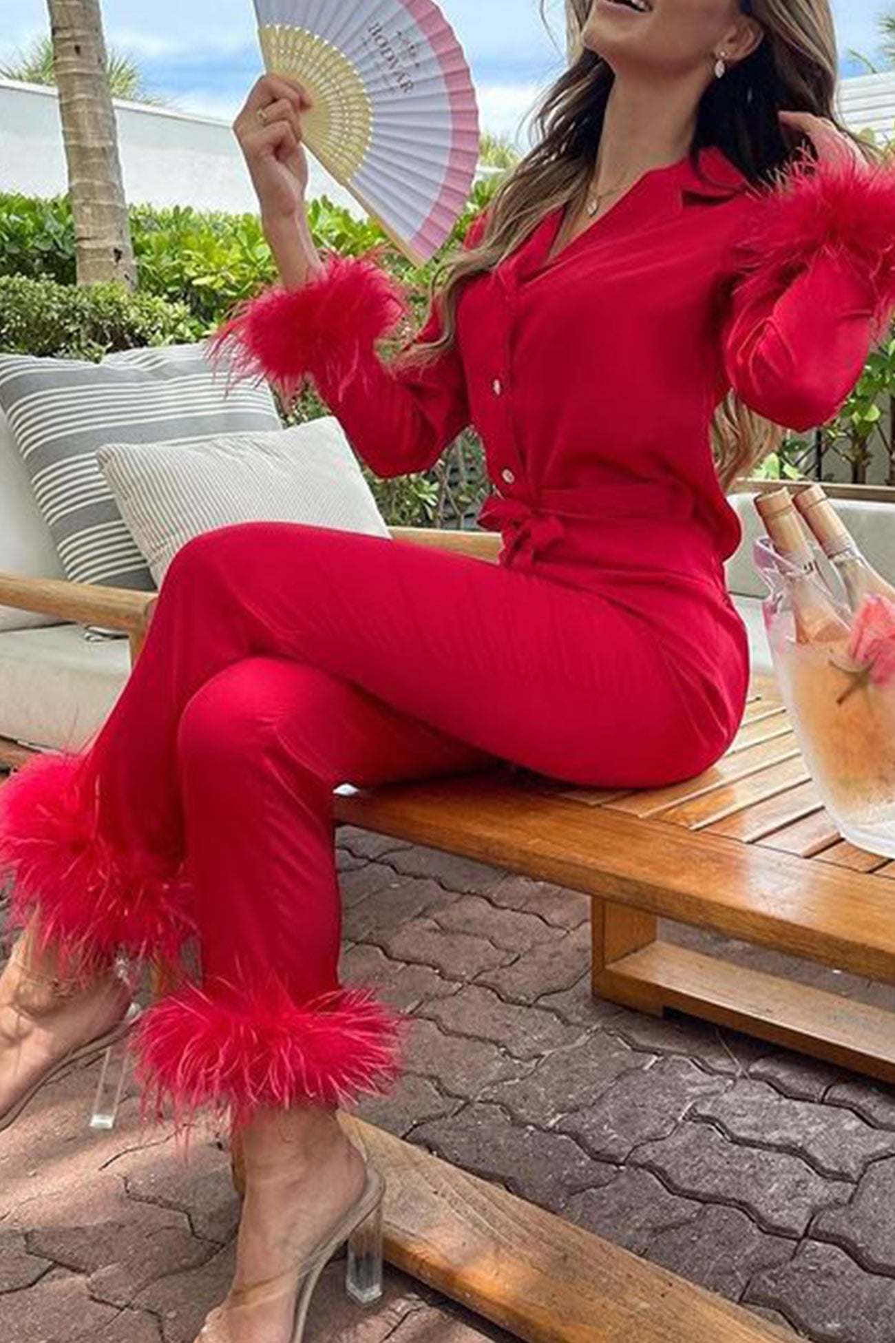 Lapel Feather Hem Two-piece Pants Set
