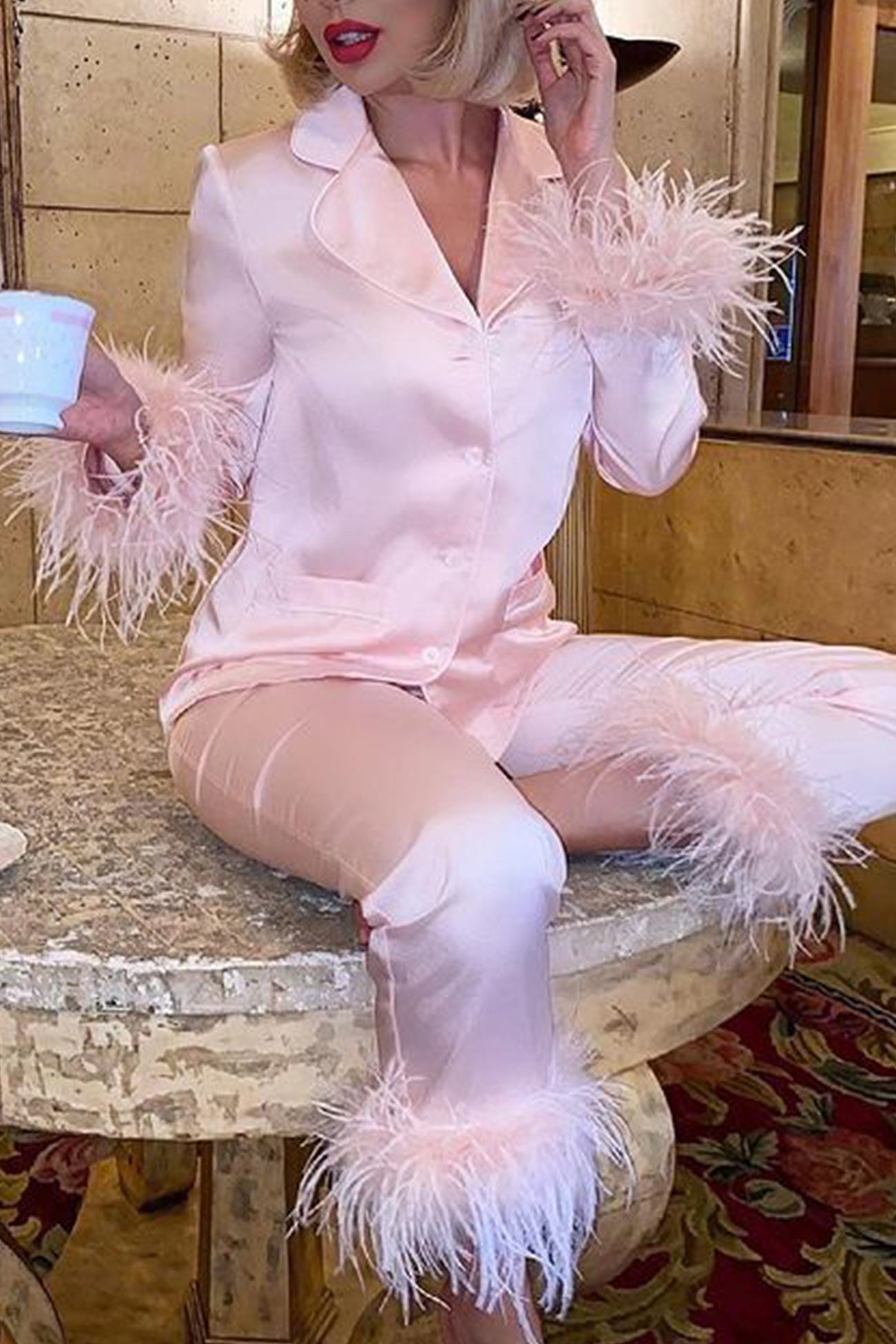 Lapel Feather Hem Two-piece Pants Set