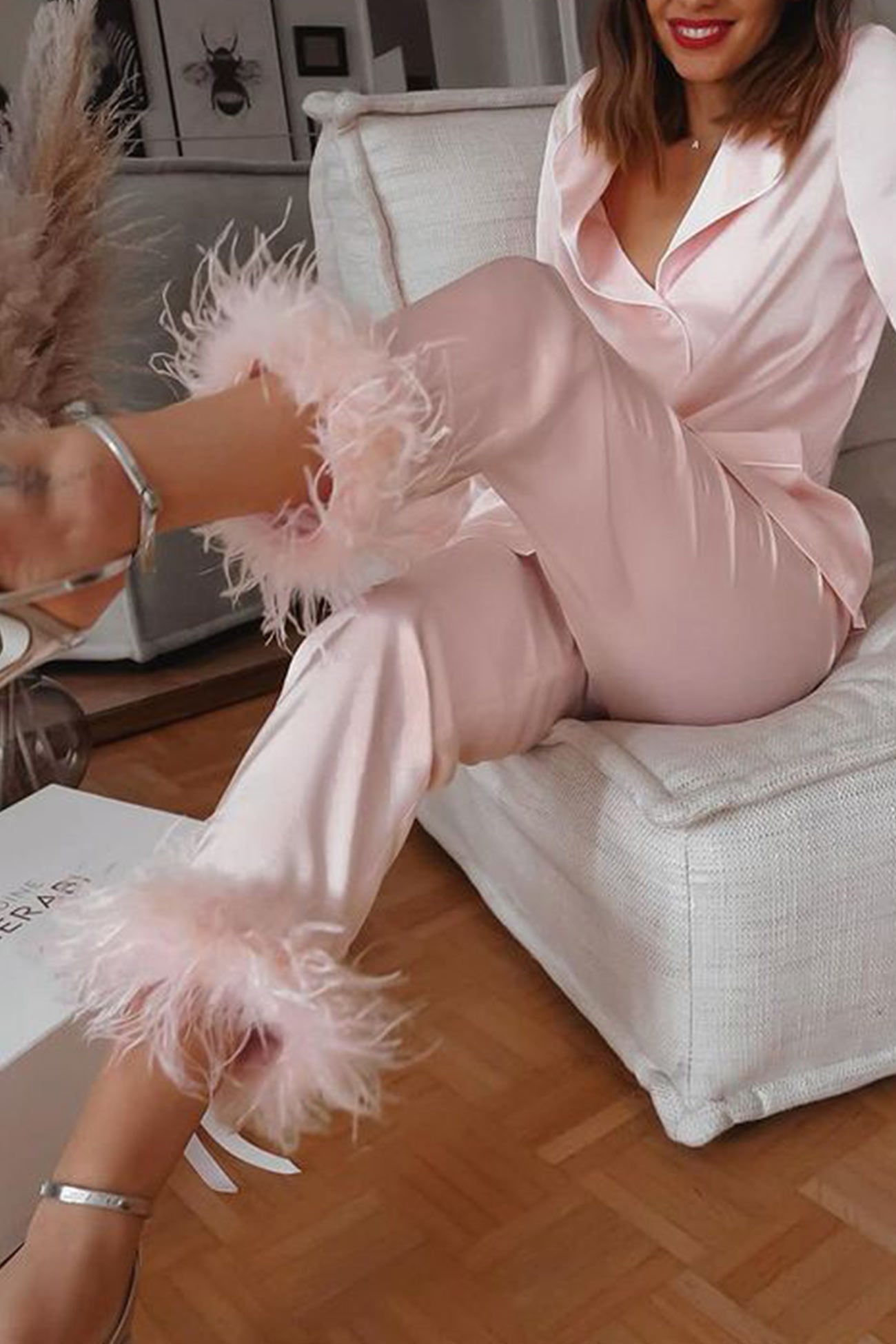 Lapel Feather Hem Two-piece Pants Set