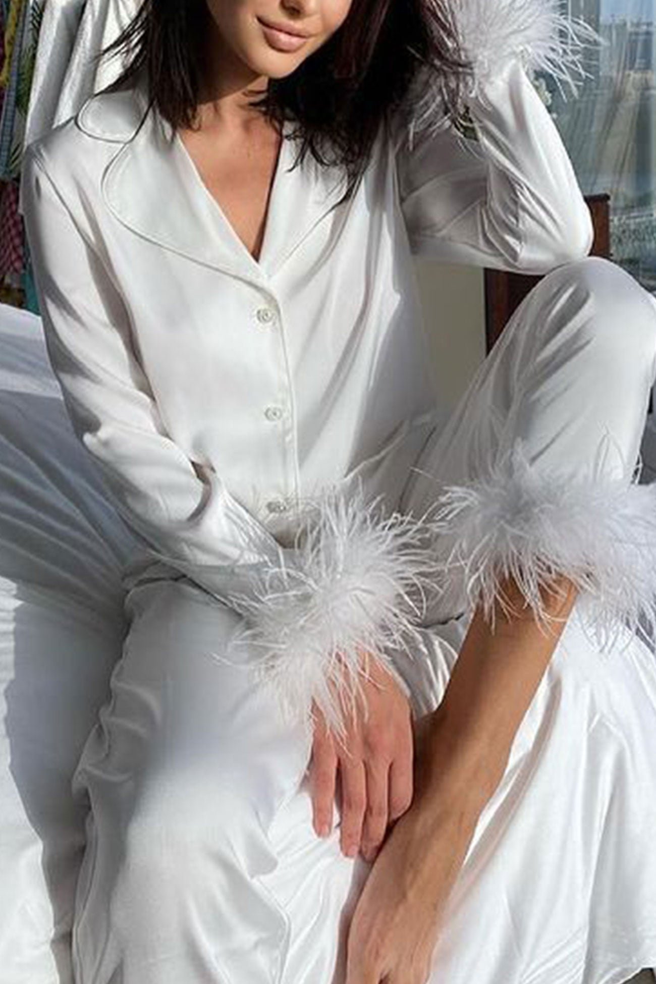 Lapel Feather Hem Two-piece Pants Set