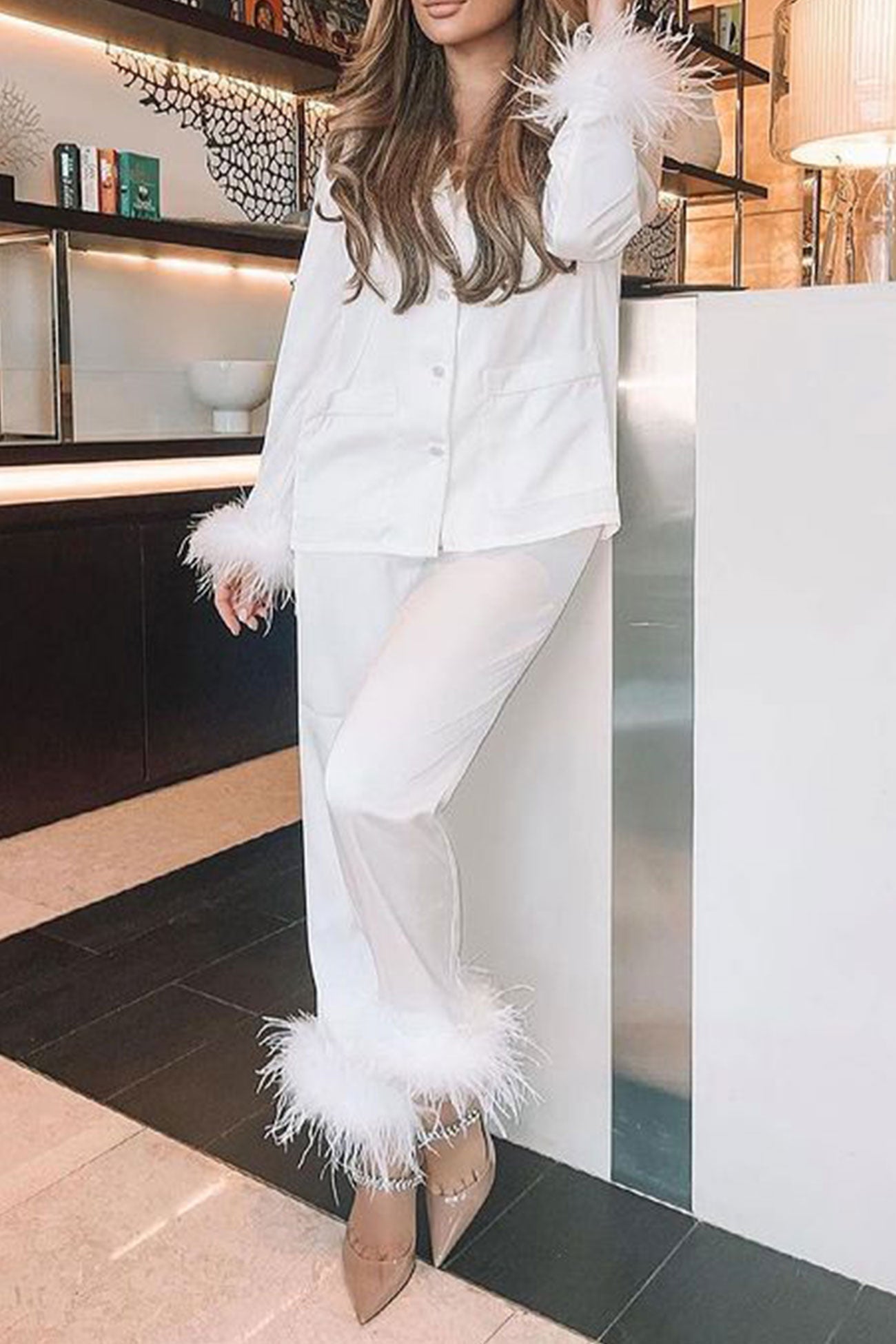 Lapel Feather Hem Two-piece Pants Set