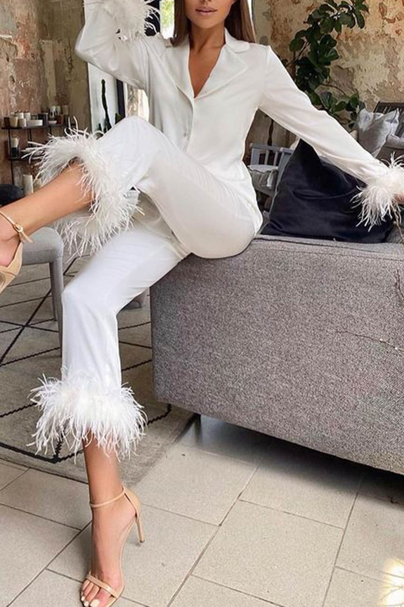 Lapel Feather Hem Two-piece Pants Set