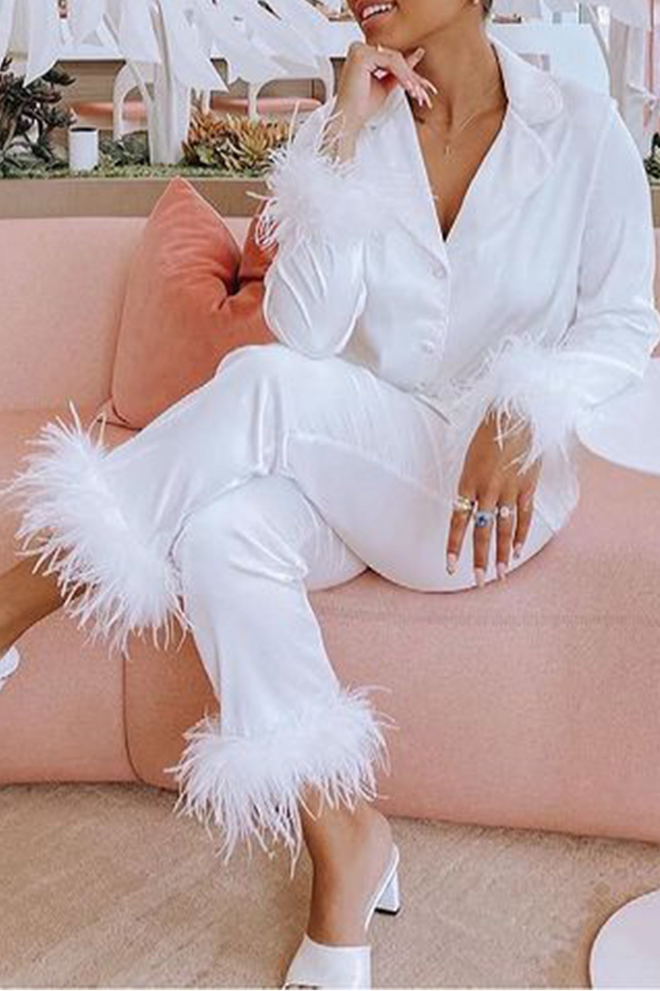 Lapel Feather Hem Two-piece Pants Set