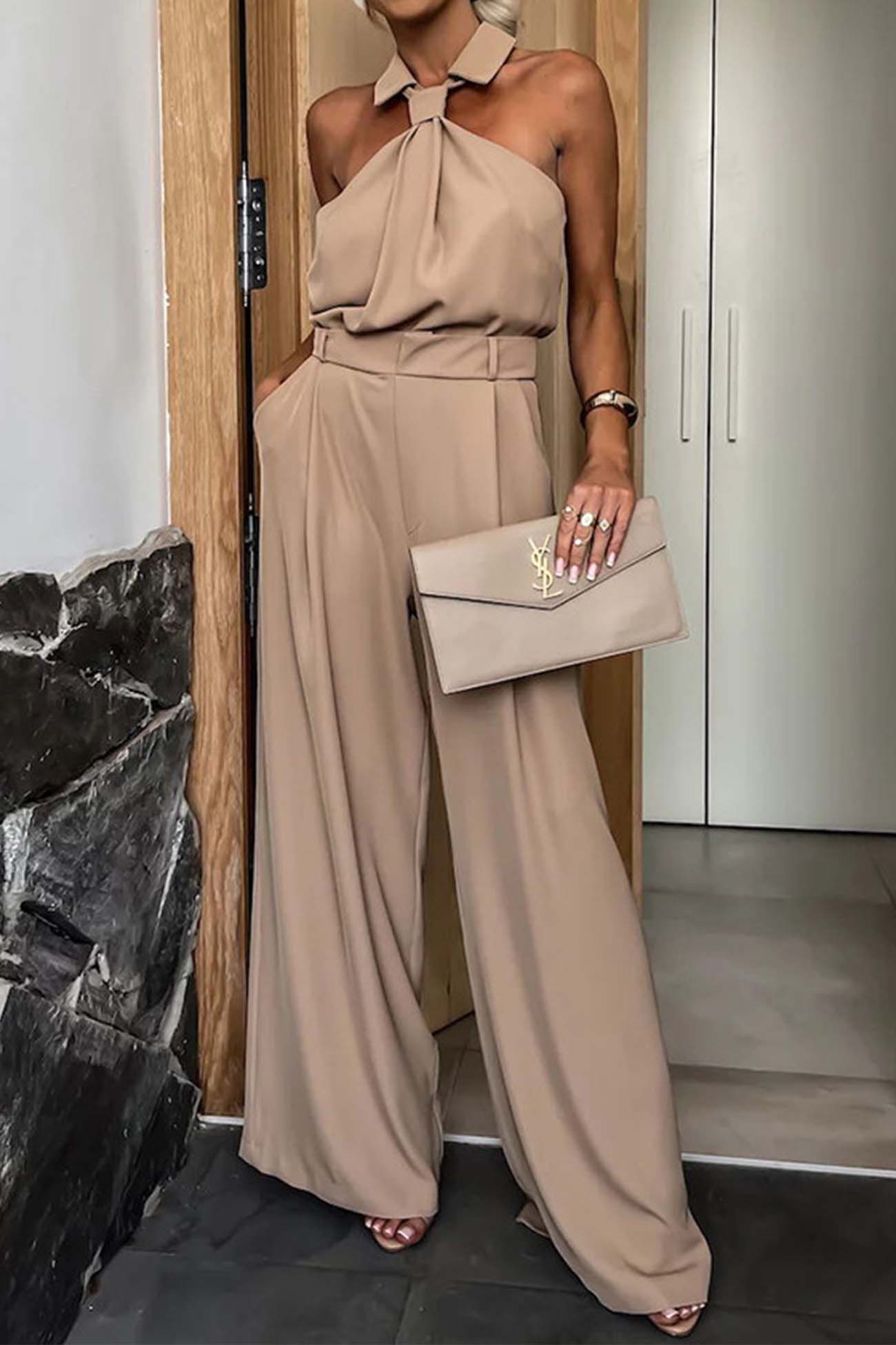 Lapel Halterneck Wide Leg Jumpsuits - Fashionpara