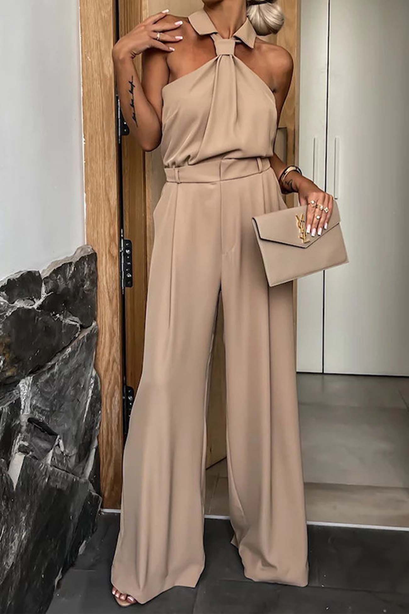 Lapel Halterneck Wide Leg Jumpsuits - Fashionpara
