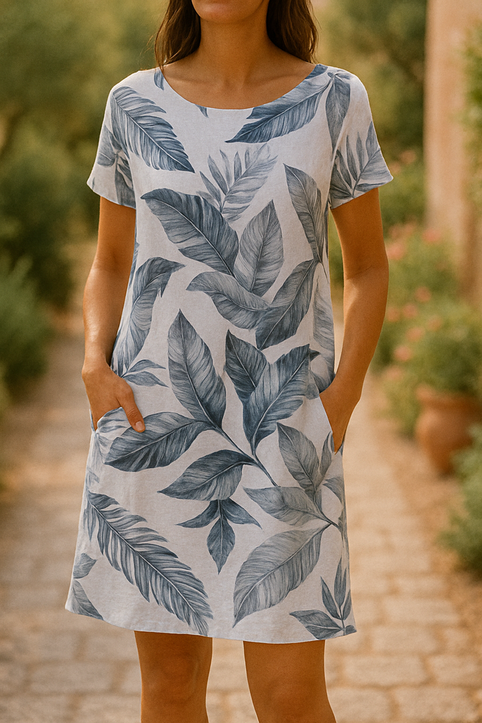 Botanical Print Short Sleeve Shift Pocket Mini Dress - View 2