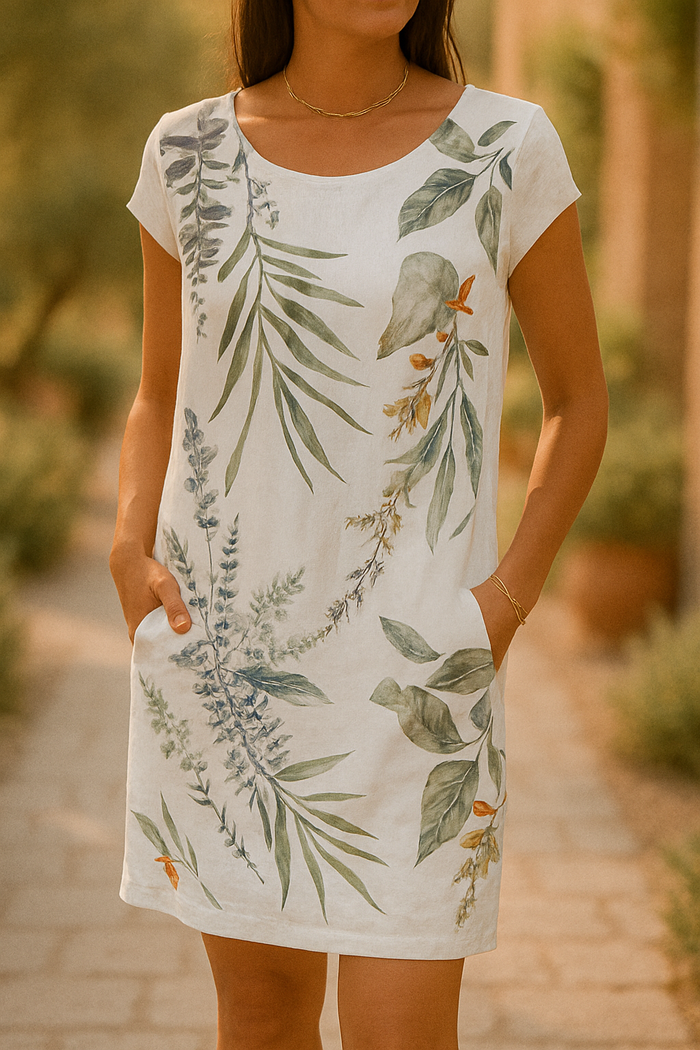 Botanical Print Short Sleeve Shift Pocket Mini Dress - View 4
