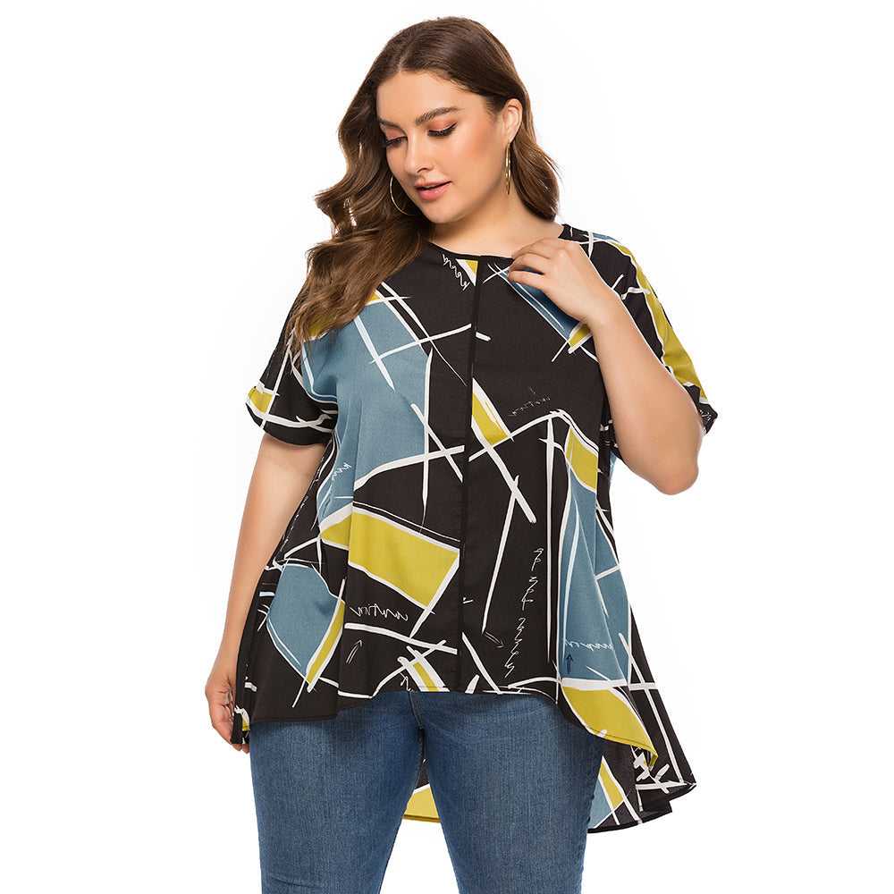 KittenAlarm - Large Size Women's Loose Geometric Print Short Sleeves T-shirt