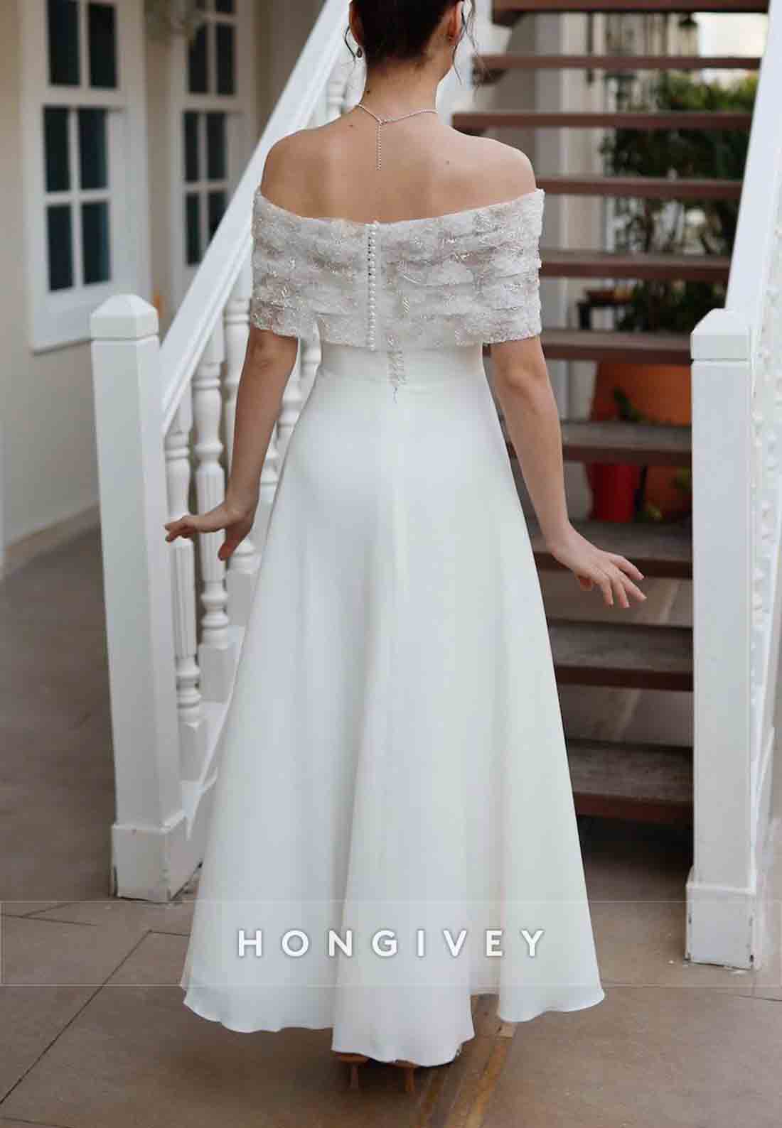 Off the Shoulder White Special Design Lace Detailed Wedding Engagement Dress