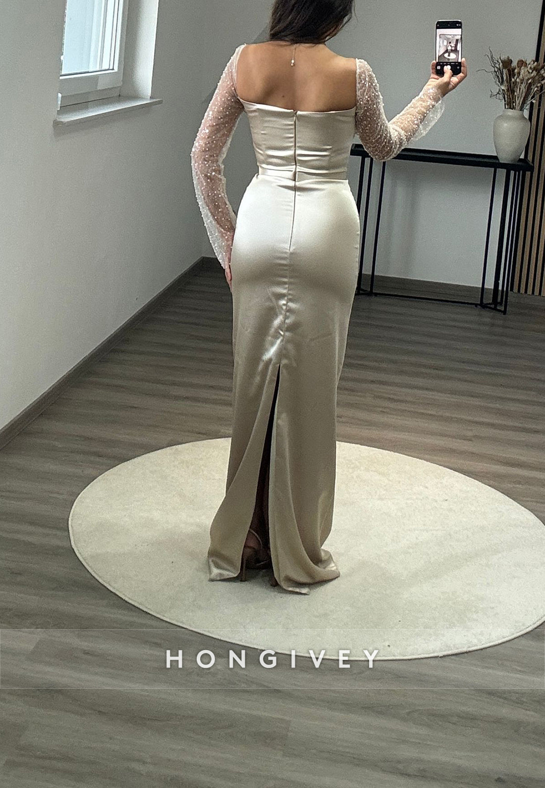 Formal Long Sleeve Sheath Floor-Length Square Appliqued Pleated Evening Gown - Fashionpara