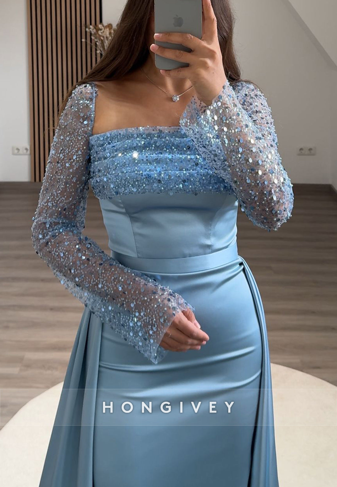 Formal Long Sleeve Sheath Floor-Length Square Appliqued Pleated Evening Gown - Fashionpara