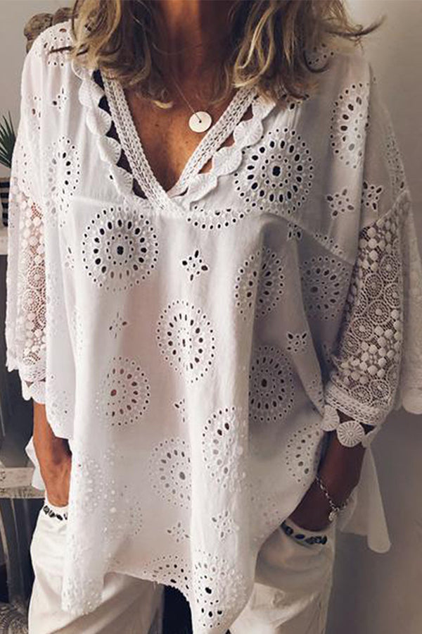 Laser Cut V-neck Lace Blouse - Mislish