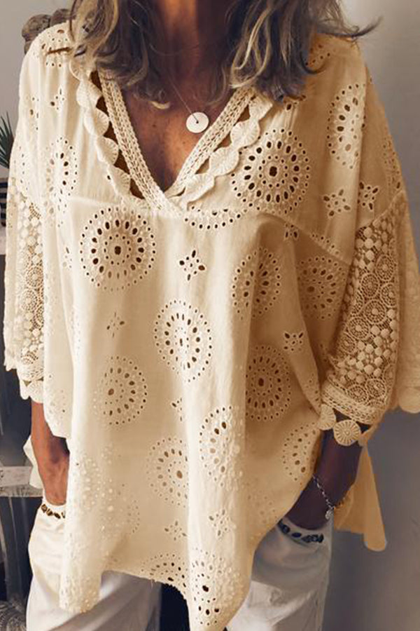 Laser Cut V-neck Lace Blouse - Mislish