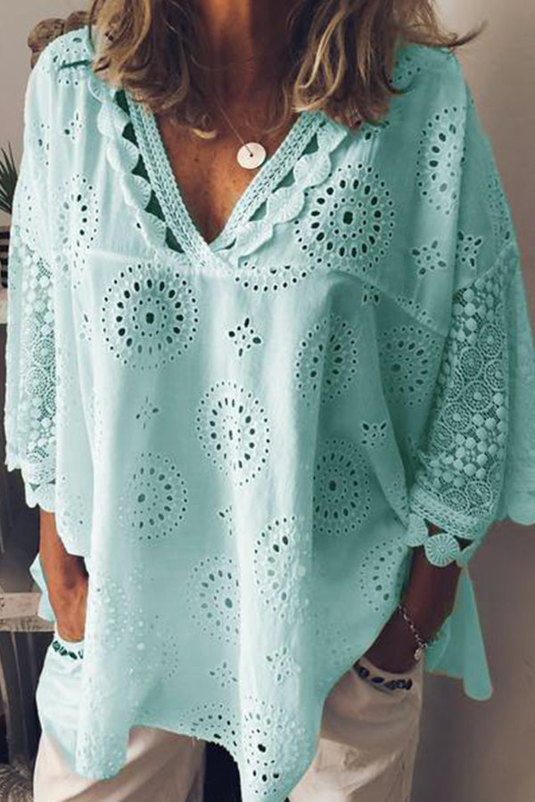 Laser Cut V-neck Lace Blouse - Mislish