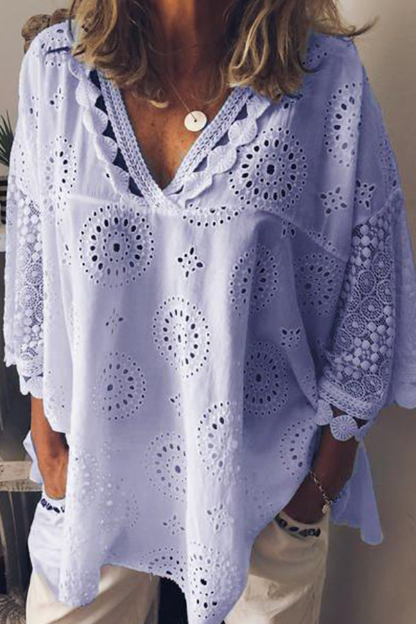 Laser Cut V-neck Lace Blouse - Mislish