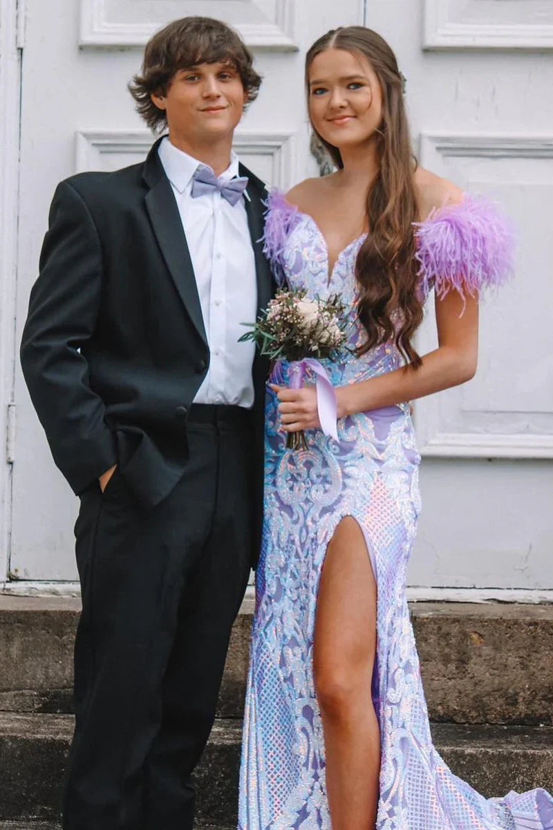 Sweetheart Sheath Prom Dress Sleeveless Slit Feather Evening Dress with Train