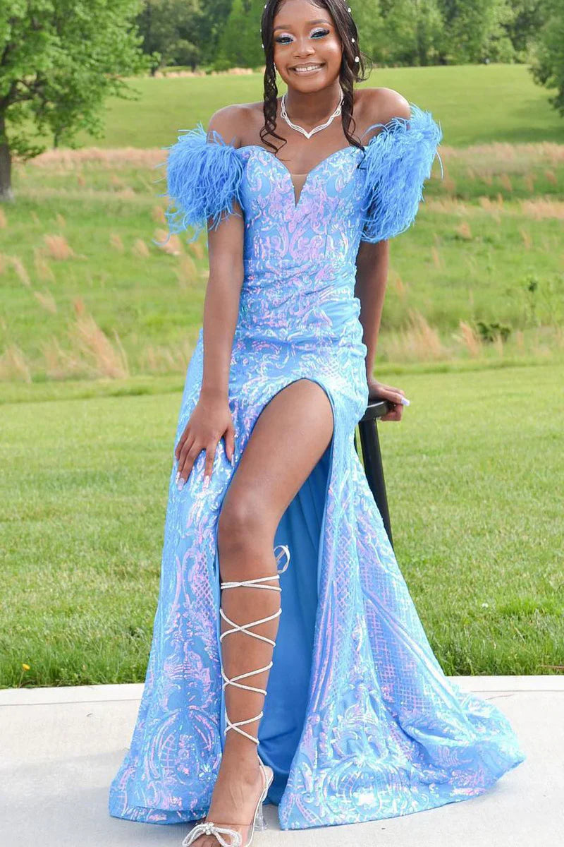 Sweetheart Sheath Prom Dress Sleeveless Slit Feather Evening Dress with Train