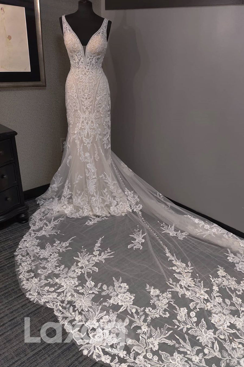Deep V-neck Beads Allover Lace Wedding Dress - Fashionpara
