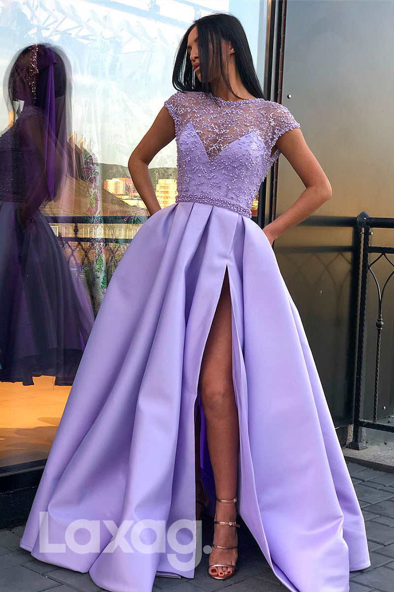 Illusion Cutout Beaded Tulle Dress With Leg Slit - Fashionpara