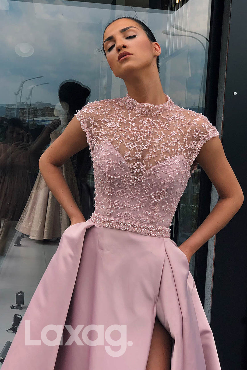 Illusion Cutout Beaded Tulle Dress With Leg Slit - Fashionpara