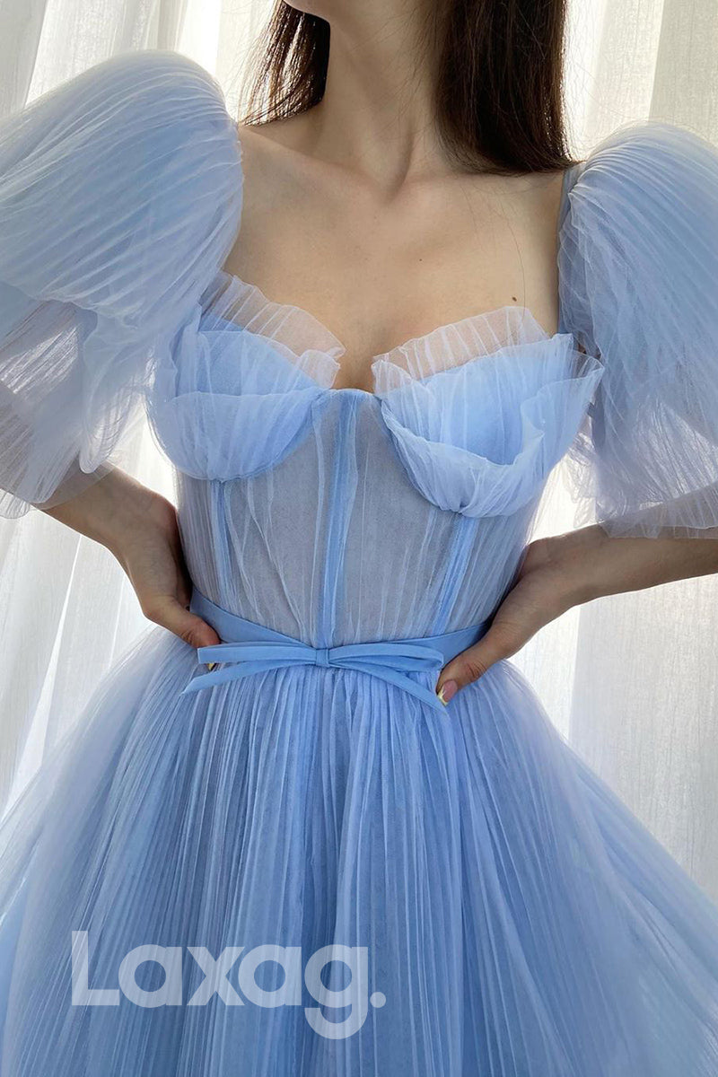 Light Blue Tulle Short Sleeves A-line Formal Dress with Pockets - Fashionpara