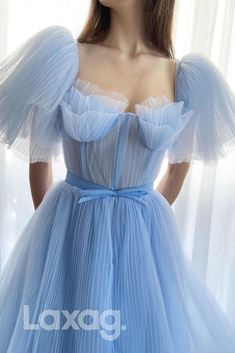 Light Blue Tulle Short Sleeves A-line Formal Dress with Pockets - Fashionpara