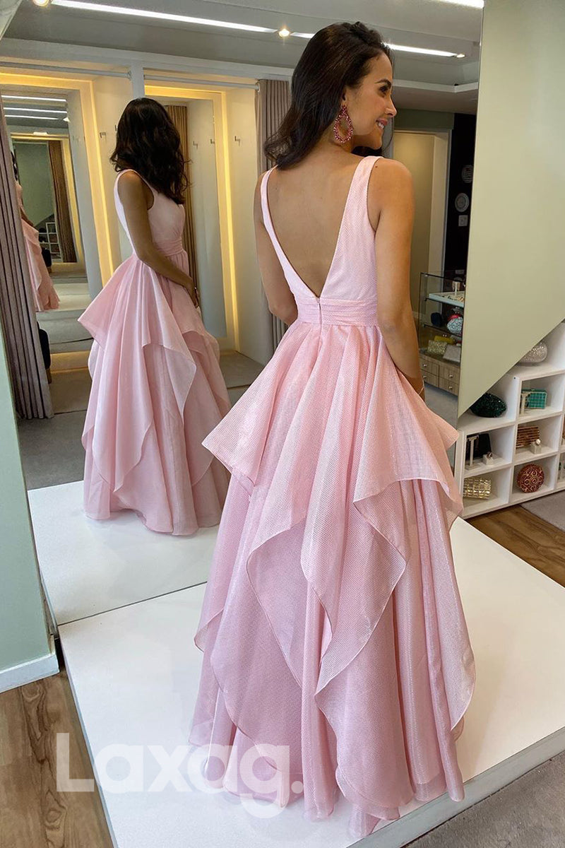Plunging V-neck Pink Dress Formal Gown - Fashionpara