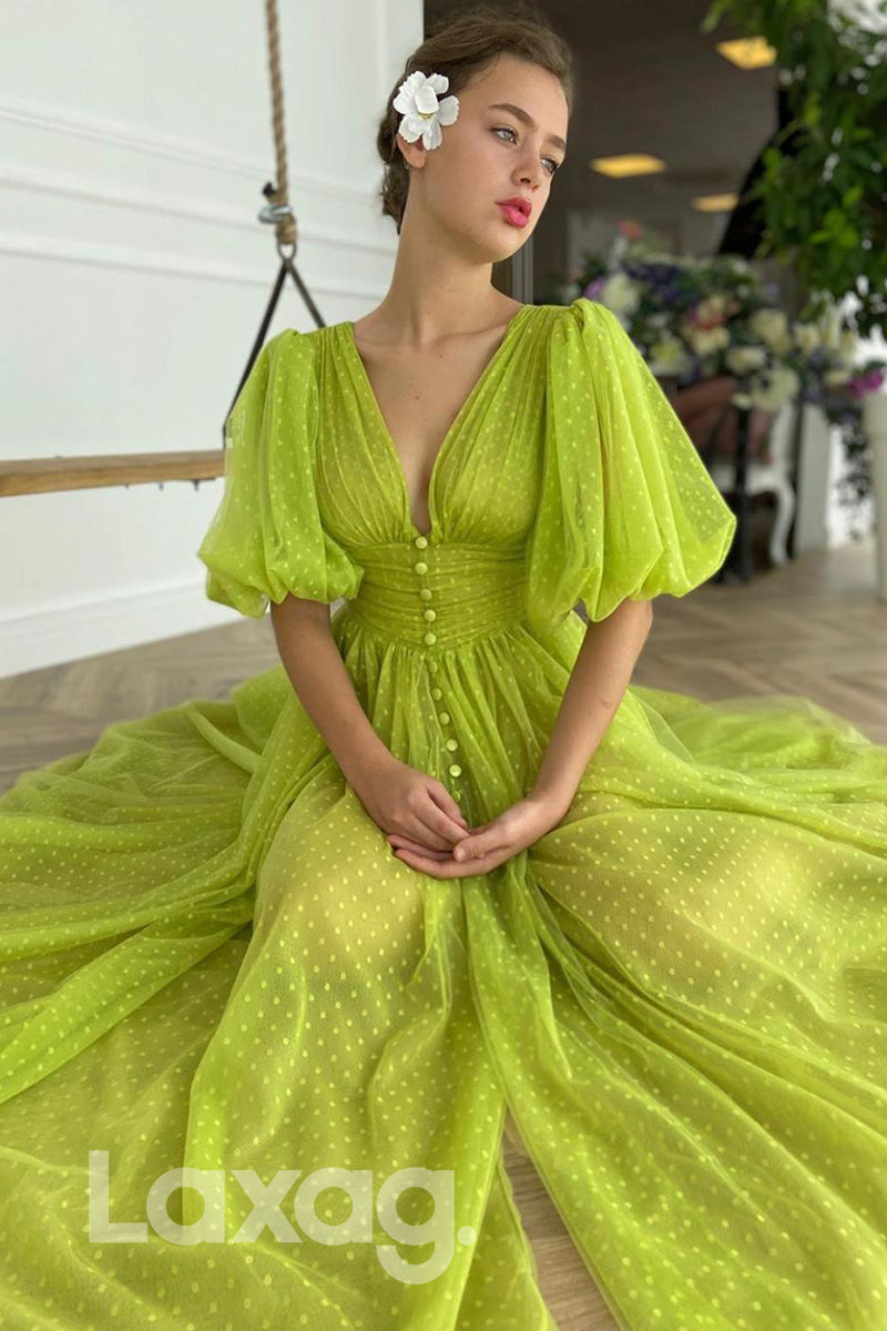 A-line V-neck Short Sleeves Prom Dress with Pockets Tea Length - Fashionpara