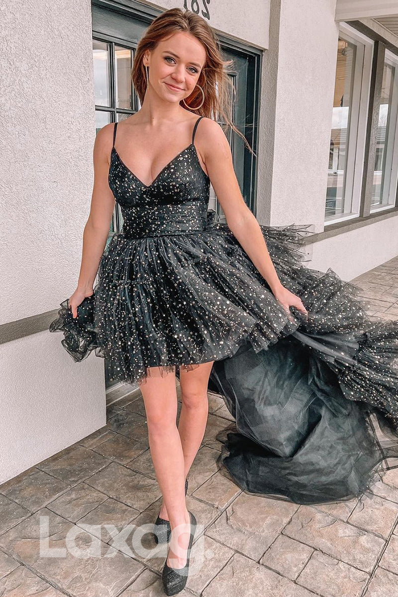 Spaghetti Straps V-neck High Low Prom Dress - Fashionpara