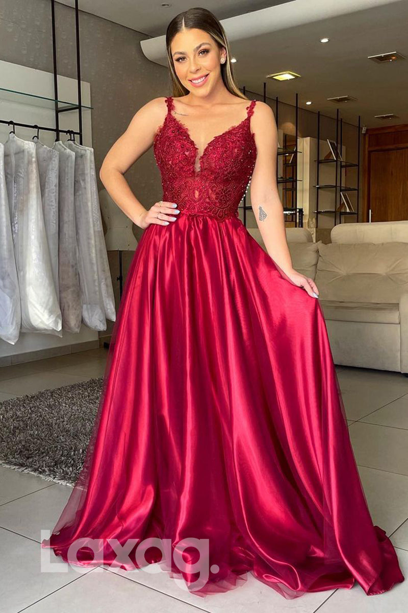 Illusion Plunging V-Neck Special Occasion A-Line Backless Gown - Fashionpara