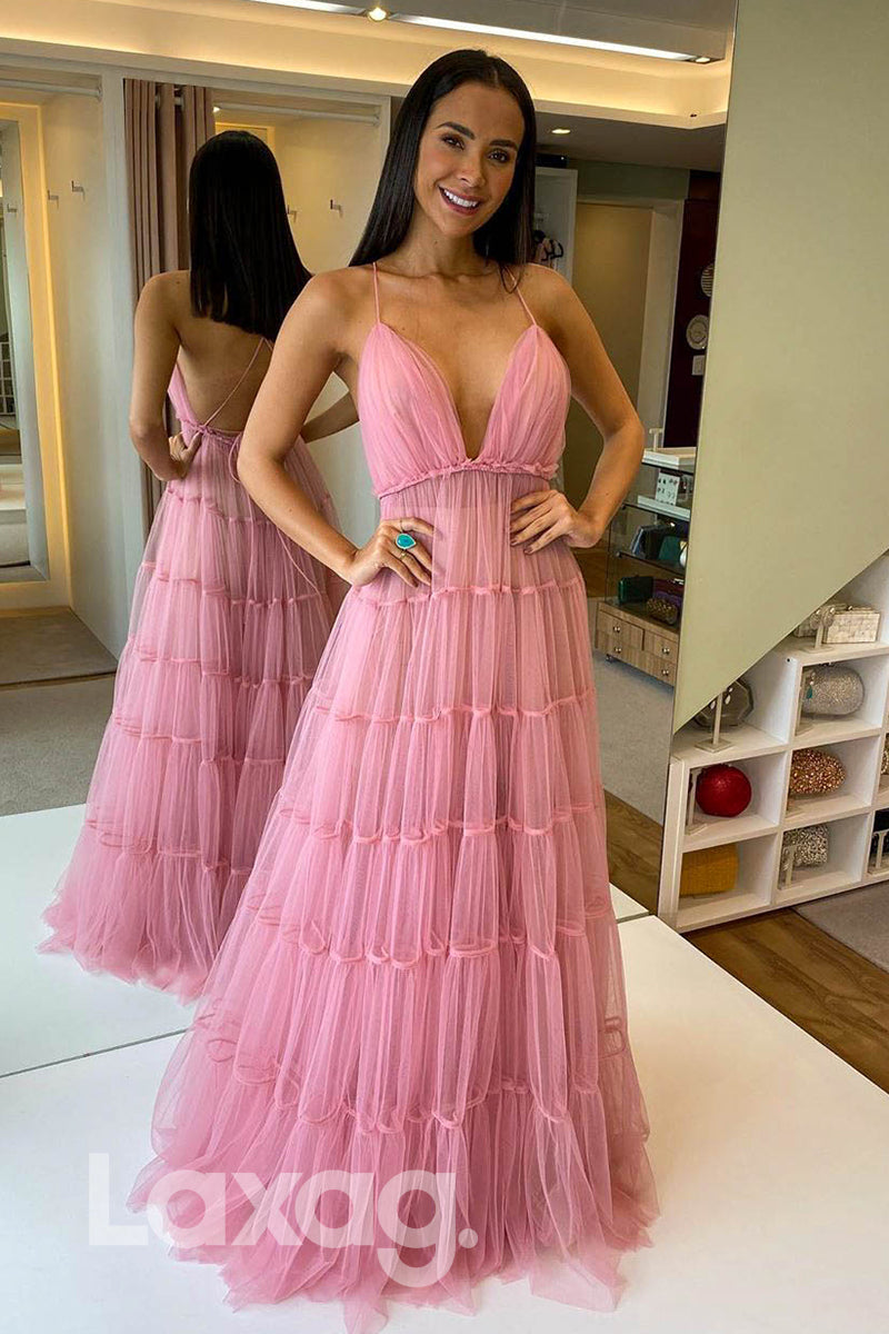 Plunging Sleeveless Crisscross Open Back Tulle Gown - Fashionpara