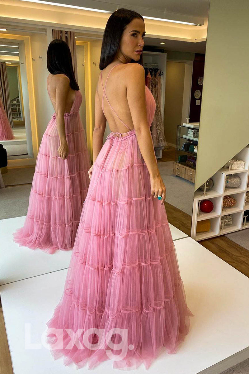 Plunging Sleeveless Crisscross Open Back Tulle Gown - Fashionpara