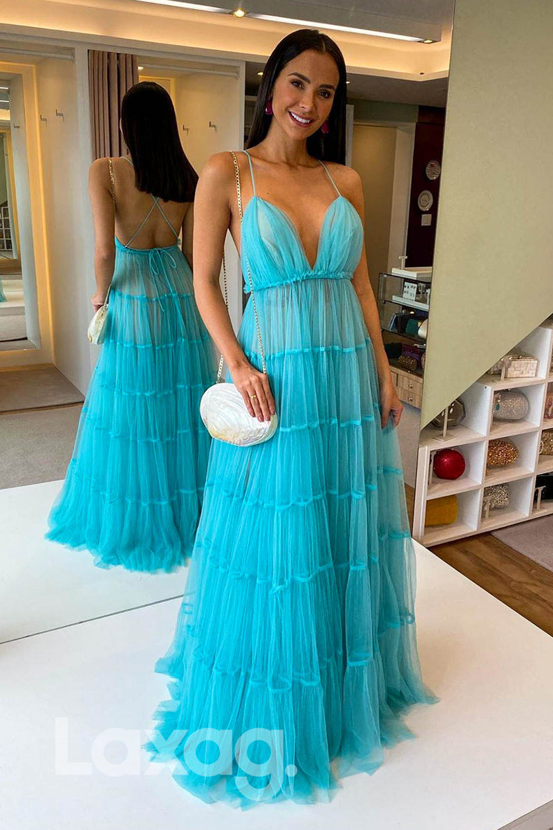 Plunging Sleeveless Crisscross Open Back Tulle Gown - Fashionpara