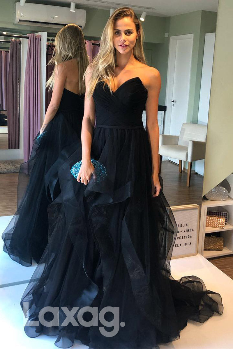 Plunging V-neck Black Tulle A-line Formal Dress - Fashionpara