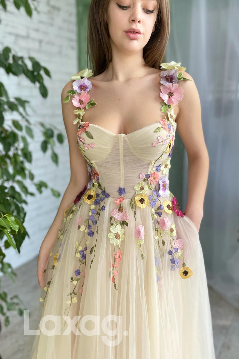 20788 - Sweetheart 3D Appliques Yellow Senior Prom Dress with Pockets