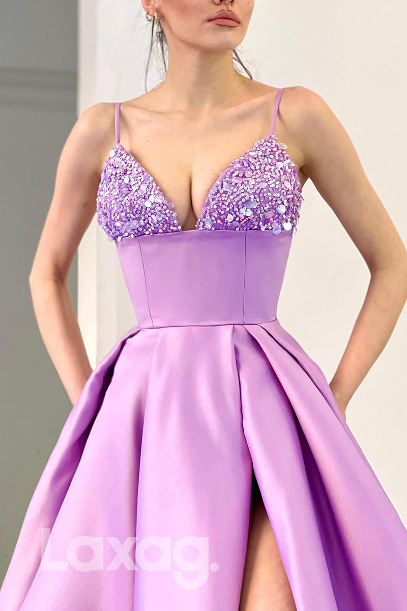 20711 - Spaghetti Sequined Neck Thigh Slit Long Lavender Prom Dress