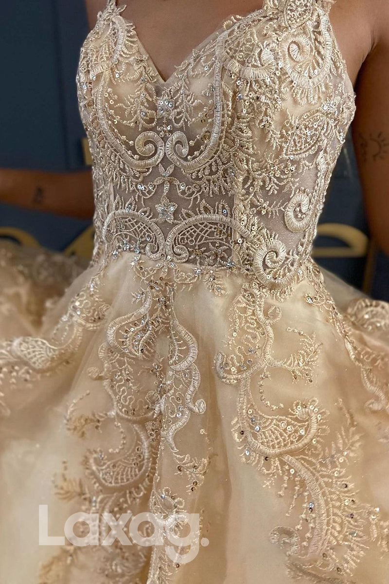 20718 - Spaghetti Straps Lace Appliques A-line Long Prom Dress