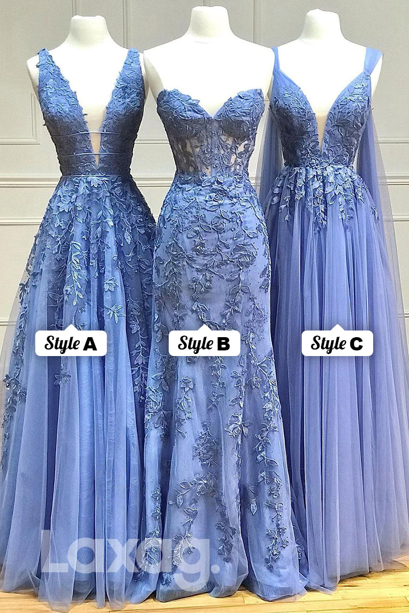 20719 - A-line Deep V-Neck Lace Appliques Lilac Prom Dress Long