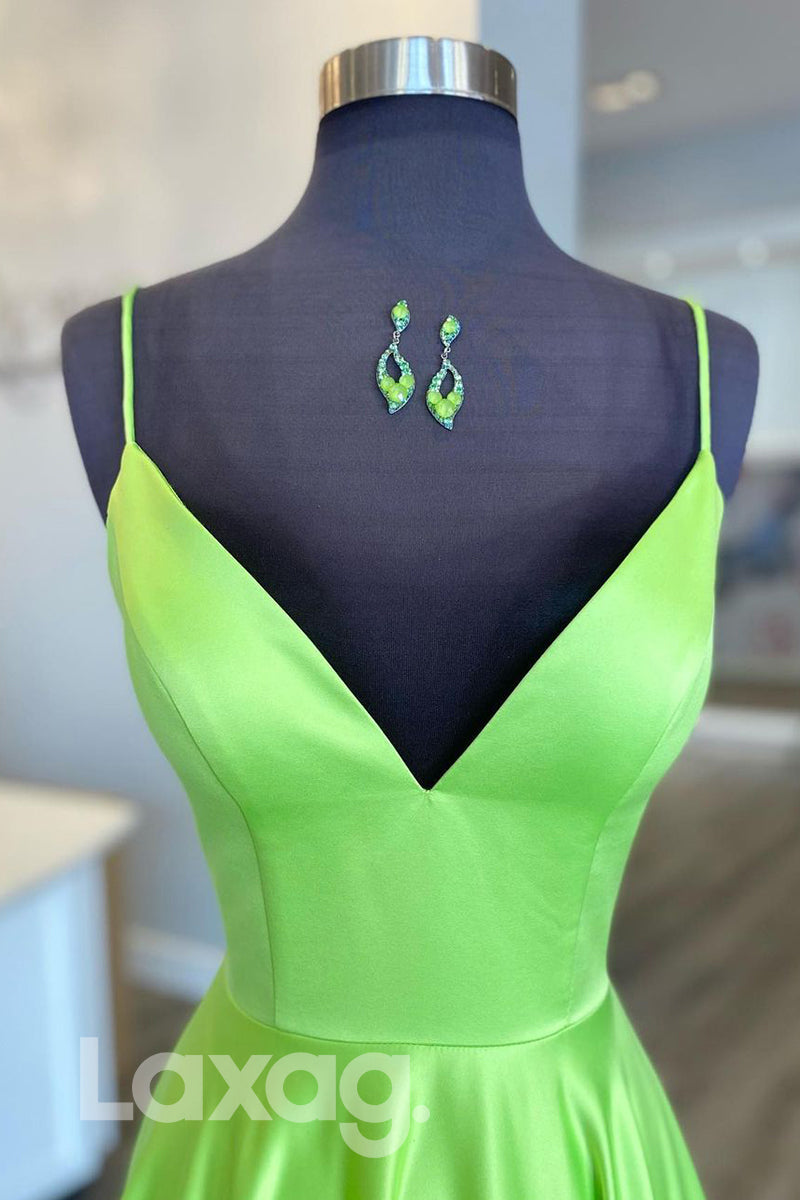 20758 - Plunging V-Neck Satin Simple Prom Dress with Pockets