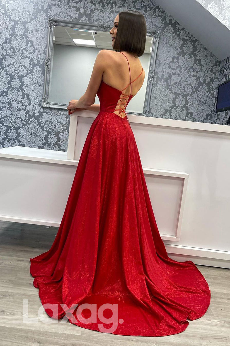 20765 - Spaghetti Straps High Split Red Prom Dress with Pockets