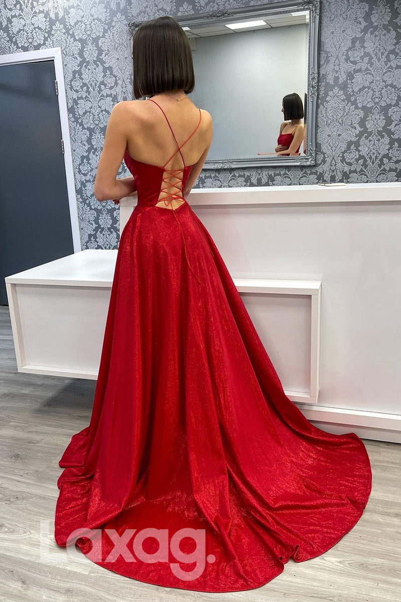 20765 - Spaghetti Straps High Split Red Prom Dress with Pockets