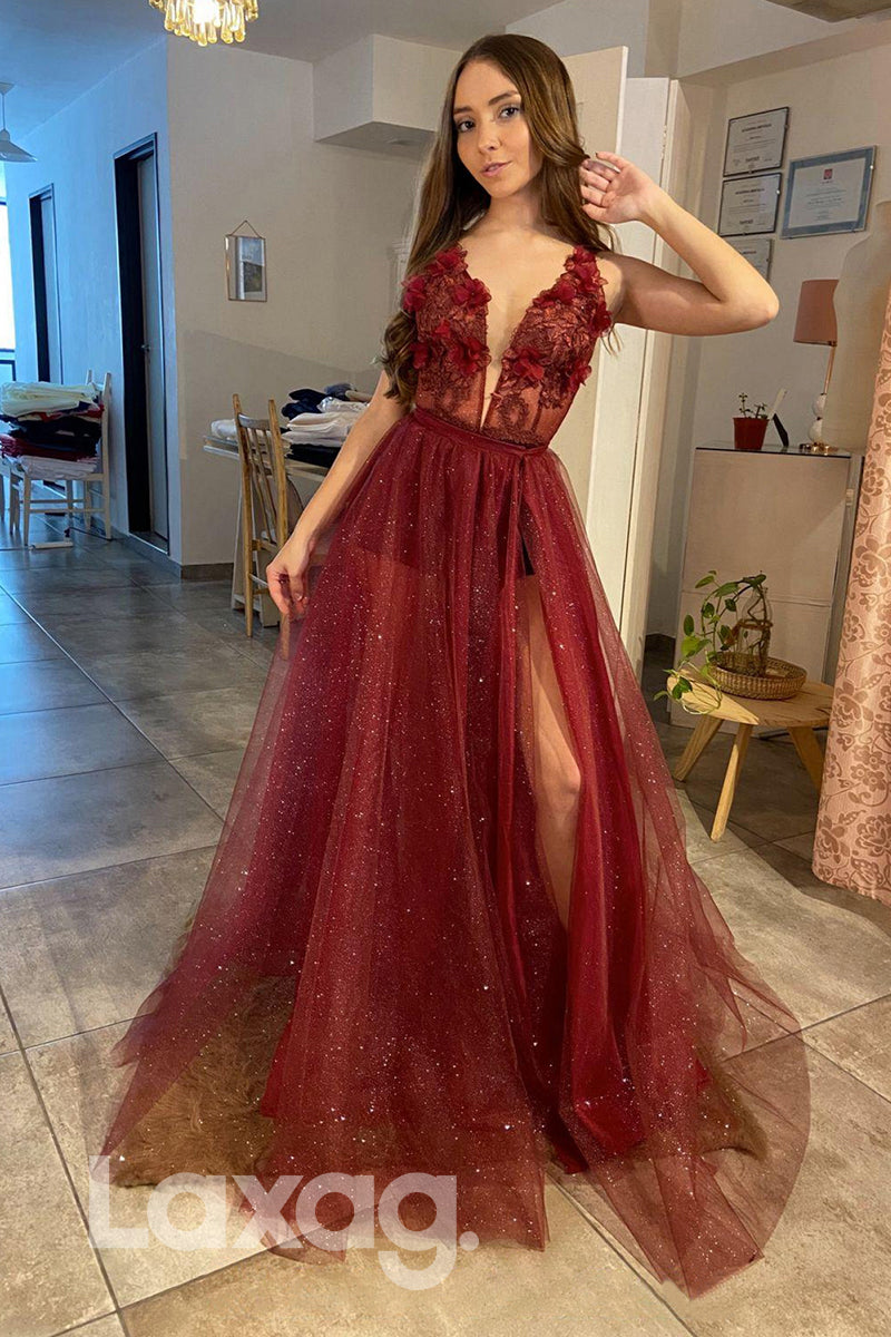 21748 - Plunging V-Neck 3D Appliques Burgundy Prom Dress with Detachable Skirt