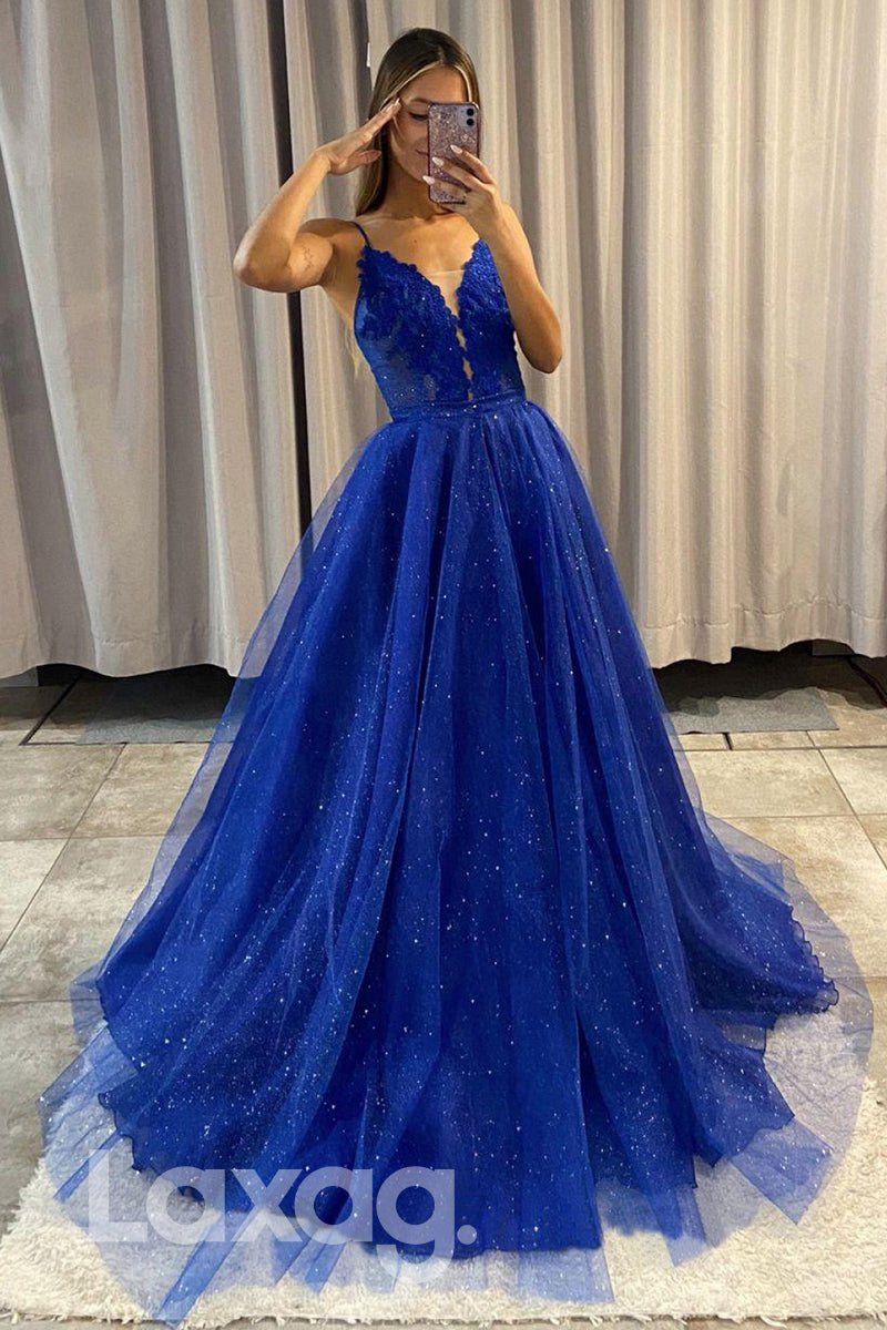 21751 - Plunging V-Neck Lace Appliques Sparkly Prom Dress