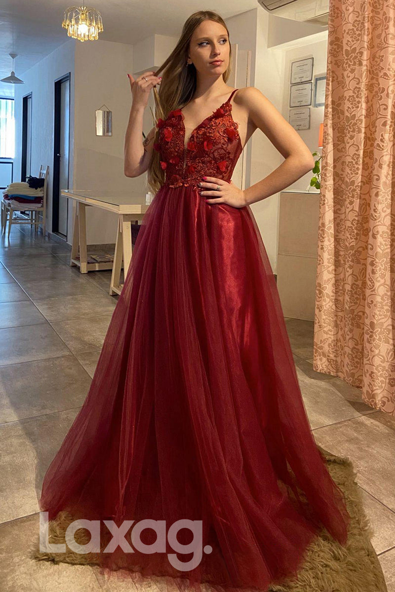 21758 - Plunging V-Neck 3D Appliques Burgundy Prom Dress