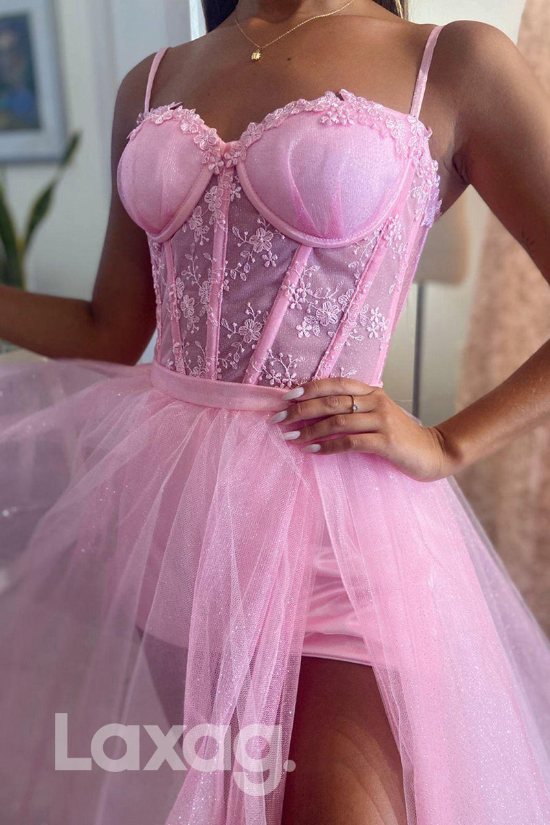 21759 - Spaghetti Straps Sweetheart Appliques Pink Prom Dress with Detachable Skirt